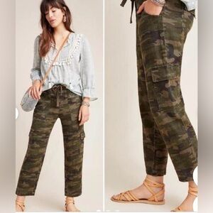 Sanctuary Anthropologie Cropped Camo Linen Pull On Cargo Pant Petite XSP NWT